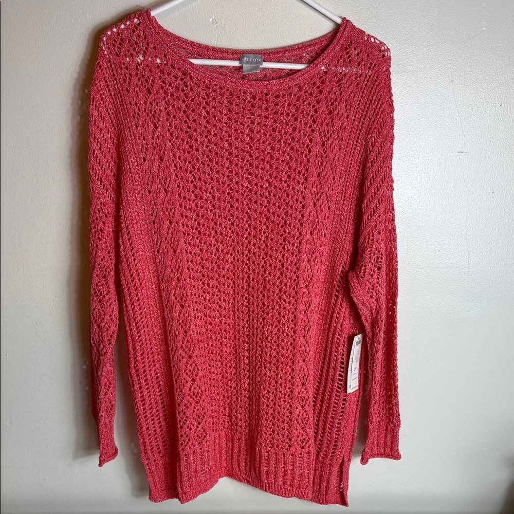 Chicos NWT Open Knit Sweater Size 2P Petite Coral Tunic Spring Business Casual